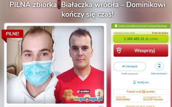Udało się! Zebrano całą kwotę na leczenie Dominika Wojdalskiego!