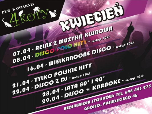 Pub Cztery Koty - kalendarz imprez na kwiecień 
