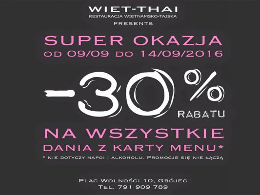 30% Rabatu na wszystkie dania w Restauracji Wiet-Thai! Przyjdź i zasmakuj