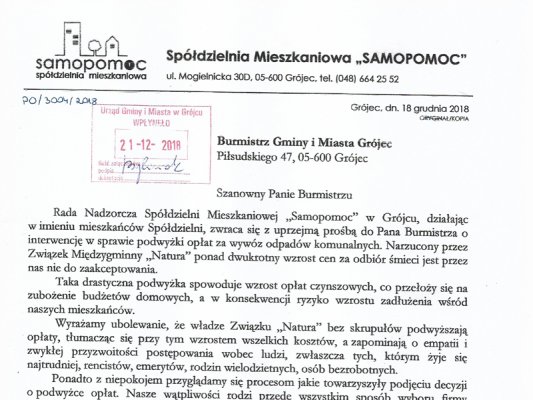 Pismo Rady Nadzorczej Spółdzielni Mieszkaniowej 