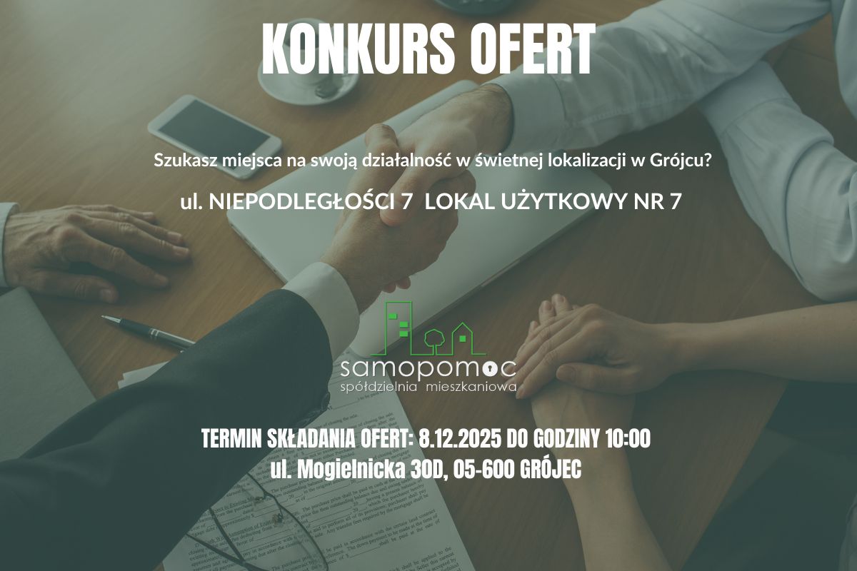 Oferty można składać do 8 grudnia 2025 r. do godz. 10:00 w sekretariacie Spółdzielni przy ul. Mogielnickiej 30D.
