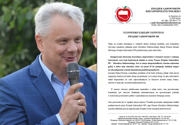 Krytyka pod adresem Mirosława Maliszewskiego. Prezesi oddziałów Związku Sadowników RP reagują